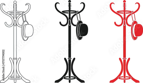 Stylish coat racks in white, black, and red hues, each adorned with a hat, offering a touch of vintage charm.