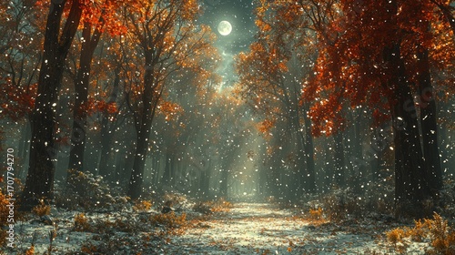 Snowfall in autumn forest at night, moonlit path.