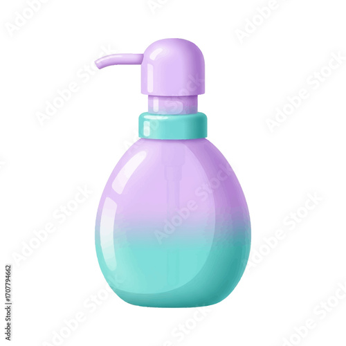 A vibrant pastel gradient pump bottle for liquid soap or lotion. This glossy purple and turquoise dispenser is a hygiene and beauty product container isolated on a white background
