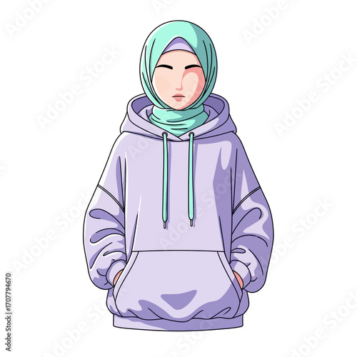 Vector cartoon illustration of a young Muslim woman wearing a modern lavender hoodie and a mint green hijab, representing modest fashion