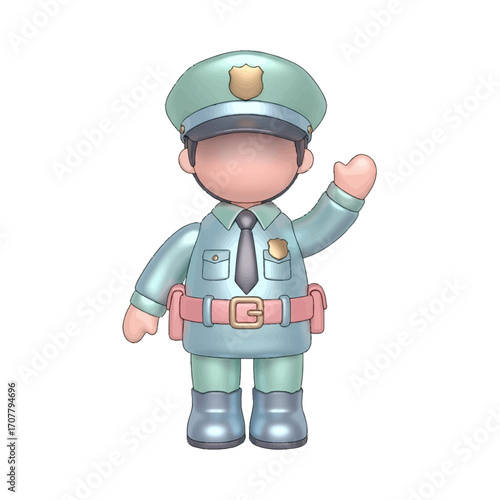 Adorable 3D toy police officer character illustration waving a hand. A friendly and cute law enforcement figure in uniform, isolated on a white background for design