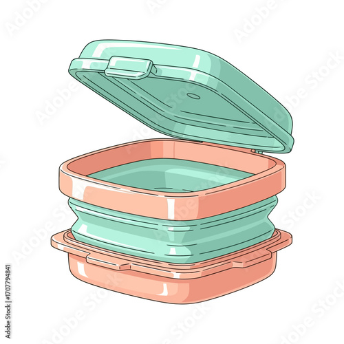 Colorful expandable bento box illustration showing an eco-friendly and portable silicone container for a zero waste packed lunch