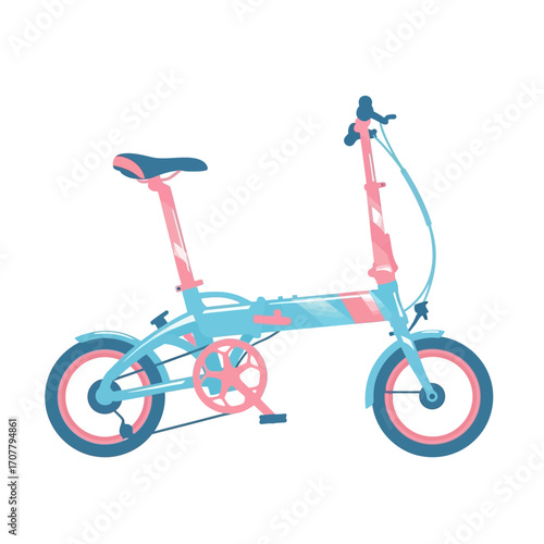 A colorful pink and blue folding bicycle representing urban mobility and a healthy, eco-friendly lifestyle for city commuting