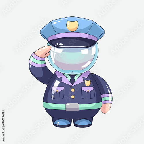 A cute and friendly cartoon police officer character with a unique bubble helmet, saluting in a blue uniform. Isolated vector art