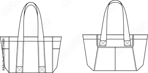 Tote bag vector mockup, front and back view, fashion accessory template, blank shopping handbag design, minimalist carry bag illustration
