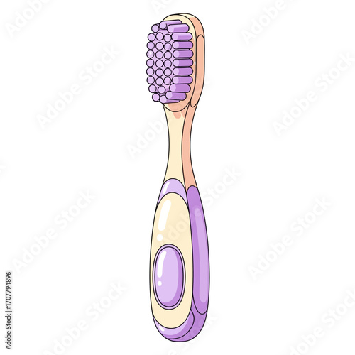 A detailed cartoon illustration of a purple and cream toothbrush for oral health and daily cleaning routines