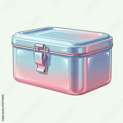 A beautifully illustrated shiny metal lunch box with a secure latch, featuring a dreamy pastel pink and blue gradient design isolated on a light background