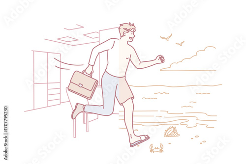 Waiting for vacations and rest concept. Young smiling business man half wearing official suit in office half running to beach in swimwear vector illustration