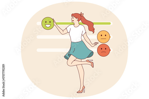 Woman with high emotional intelligence controls own behavior and moves emoji sliders. Positive girl with excellent emotional intelligence, taking care of optimistic mood to avoid stress