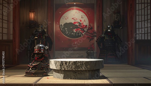 Tranquil scene Samurai armor guards Japanese art