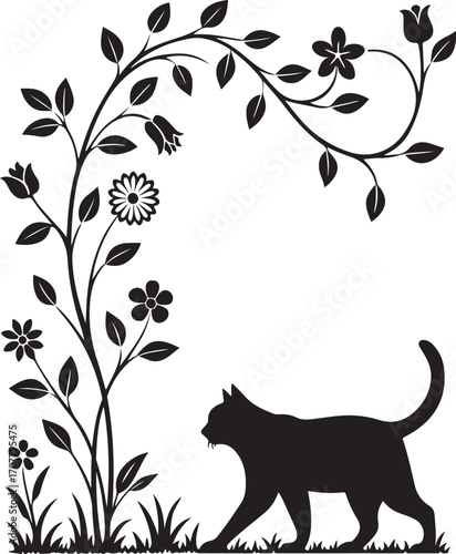 Silhouette Serenade: A serene silhouette of a cat delicately paces, framed by a flourishing botanical arch. Blooming flowers and intricate foliage dance together.