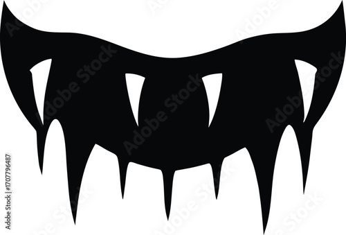 Vampire Teeth Fake Fangs Silhouette Vector Illustration. Black Silhouette of Scary Vampire Teeth for Halloween