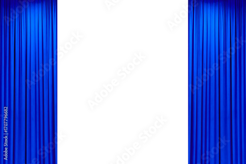 Straight open blue silk curtains, stage of a movie theater or stage, isolated on transparent background