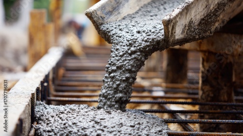 Wallpaper Mural Close-Up of Freshly Poured Concrete Being Delivered from a Mixer onto Steel Reinforcement Bars on a Construction Site Torontodigital.ca