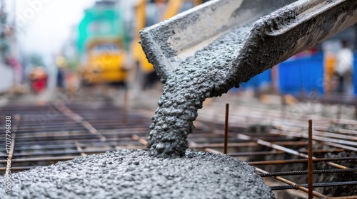 Wallpaper Mural Flowing Concrete from a Construction Mixer Pouring into Steel Reinforcement Framework on Construction Site Torontodigital.ca