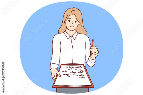 Woman recruiter offers to sign job offer, holding out clipboard and pen to screen. Female corporate manager demonstrates job offer or readiness to reach agreement with company partners.