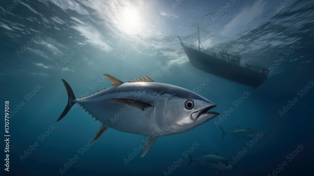 Obraz premium Tuna swimming underwater near fishing boat ocean environment marine life perspective