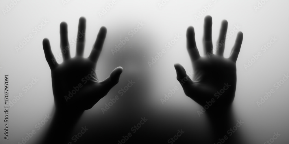 Fototapeta premium Struggling against glass barrier abstract concept of isolation dark environment
