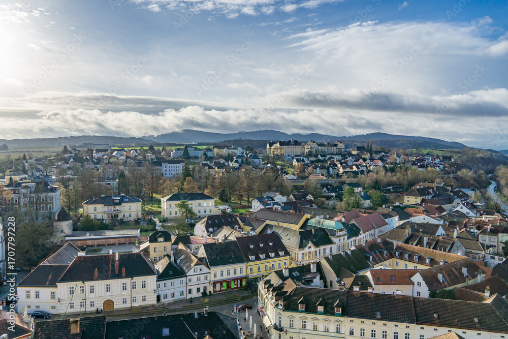 Fototapeta premium View over the city of Melk in Austria on a sunny winter day