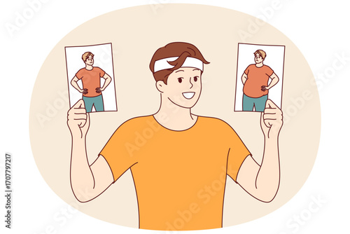 Transformation of man lost weight, proud of good results and getting rid of belly fat thanks to sports training. Man lost weight using fitness or running to increase burning calories from food