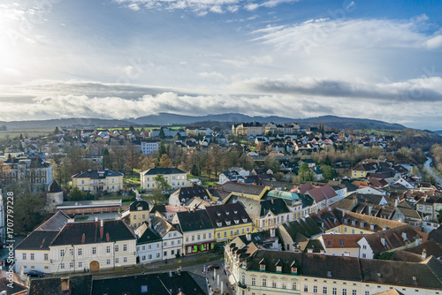 View over the city of Melk in Austria on a sunny winter day