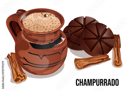 Traditional Champurrado Illustration – Mexican Hot Chocolate Atole with Cinnamon and Chocolate Tablets