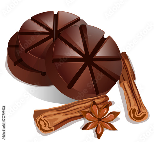 Mexican Dark Chocolate with Cinnamon Sticks and Star Anise - Ingredients Illustration Isolated