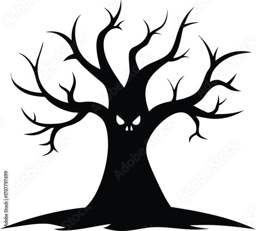 Black Silhouette of Spooky Tree, Halloween Concept