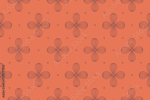 Repeating floral pattern with four petal flower shapes on a terracotta orange colored background design