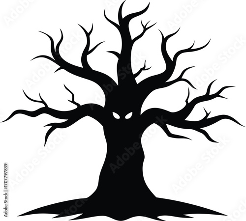 Black Silhouette of Spooky Tree, Halloween Concept