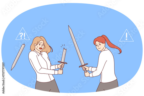 Battle of business women using swords to fight for vacant managerial position with high salary. Girl defeats competitor in business battle for client, demonstrating strength and self-confidence