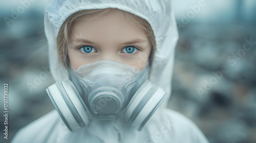 Child wearing a respirator in a polluted environment