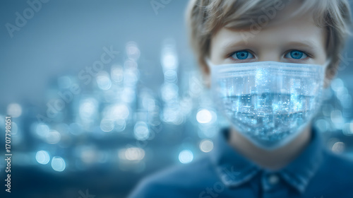 Child wearing a mask in a polluted urban environment