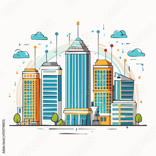 Modern Cityscape Illustration With Skyscrapers And Clouds