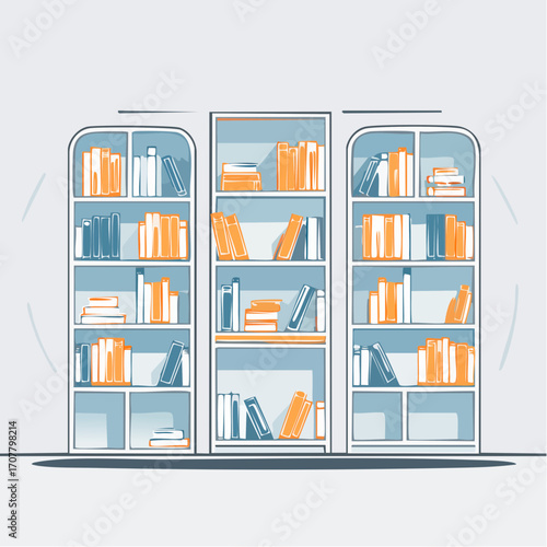 Three Bookshelves Filled With Orange And Blue Books In Pixel Art Style