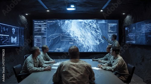 Military strategy meeting high-tech command center image dark environment overhead view tactical analysis