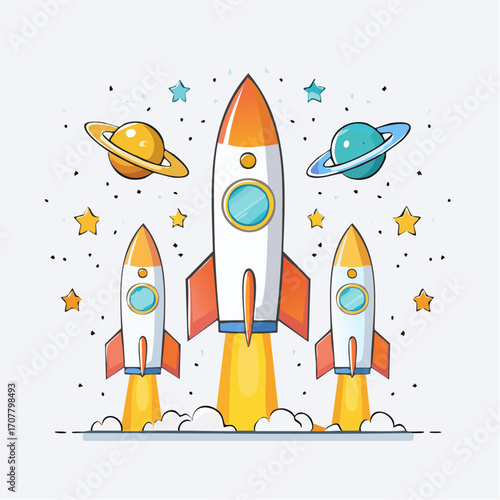 Three Pixel Art Rockets Launching With Planets and Stars