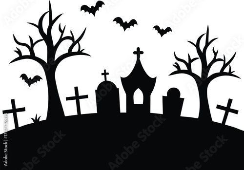 Gothic Horror House and Cemetery Landscape Silhouette Vector, Victorian Haunted Mansion and Foggy Graveyard Silhouette Illustration.