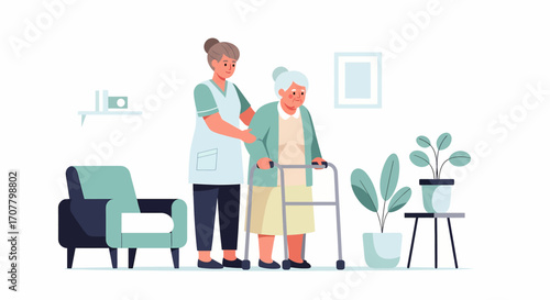 A kind caregiver gently assists an elderly woman with a walker, showcasing compassionate support in a serene home setting.