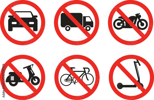no vehicle entry sign, prohibited transport icons set.