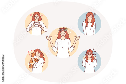 Woman uses meditation to get rid of depression and gain mental balance in life. Girl practices meditation from yoga or zen buddhism for harmonious development and relaxation after difficult work.
