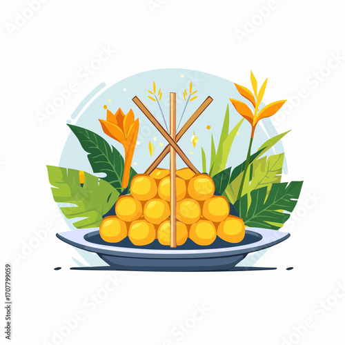 Golden Yellow Thong Yod Dessert on a Plate with Tropical Flowers and Leaves