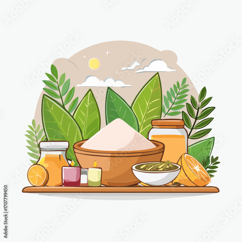 Natural Spa Ingredients with Honey and Orange on Wooden Tray