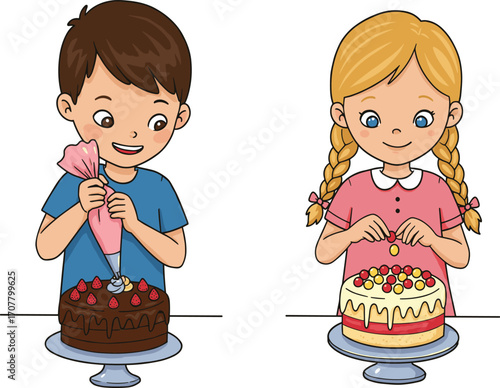 Children decorating cakes with colorful frosting and candy, creative baking activity, joyful kitchen moment, dessert preparation, fun food art