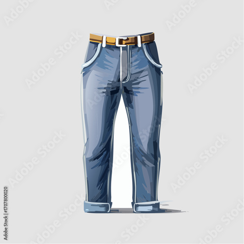 Blue Denim Jeans With Brown Belt On Gray Background