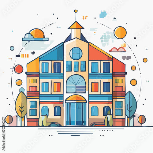 Colorful Multistory Building with Geometric Details and Decorative Trees