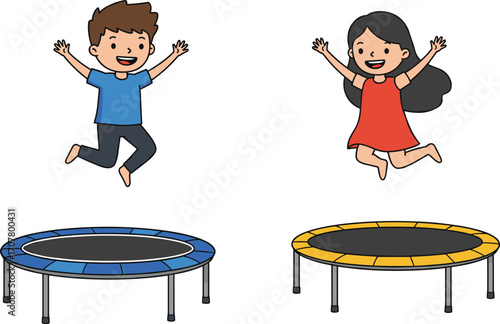 Happy boy and girl jumping on trampoline, smiling children having fun, outdoor activity, cartoon vector illustration, childhood play, energy, excitement