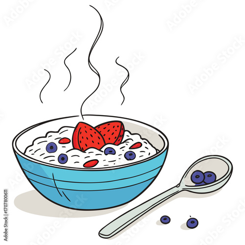 Steaming Bowl of Oatmeal with Berries and Strawberries and Spoon Keywords: oatmeal, porridge, breakfast