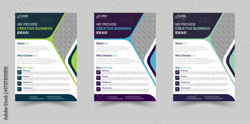 Creative corporate business flyer design with modern and professional layout, available in three color variations.