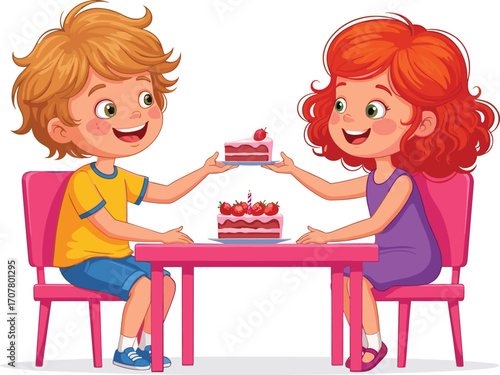 Happy boy and girl sharing strawberry cake at table, kids celebrating birthday, smiling children, fun dessert time, childhood friendship moment